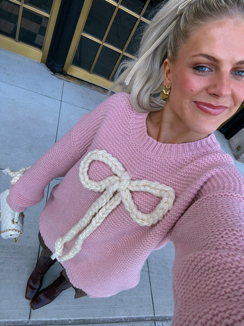 Ribbons & Lace Bow Sweater// Pink